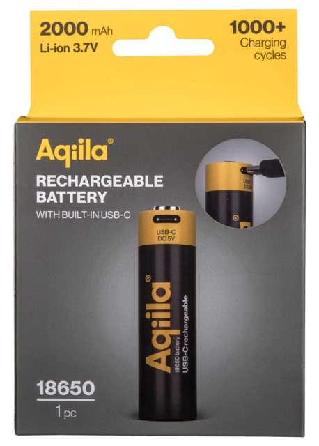 Aqiila Rechargable 18650 Battery USB-C, Lithium, 3.7V/2000mAh 