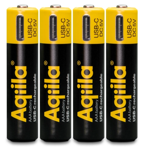 Aqiila Rechargable AAA Battery, 4-pack USB-C, Lithium, 1.5V/600mAh