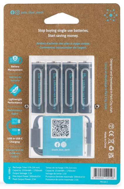 Pale Blue Li-Ion Rechargeable AA Battery 4-pack AA w/ 4x1 charging cable USB-C 