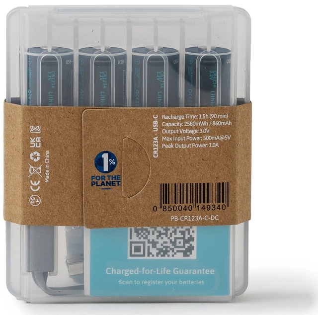 Pale Blue CR123 Rechargeable Batteries 4-Pack, including Charging Cable 