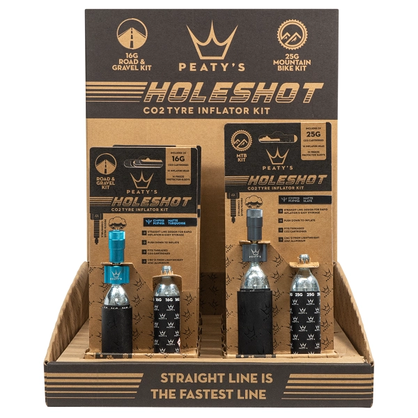 Peaty's Holeshot CO2 Tyre Inflator POS Box - 6x16g/6x25g - Mixed Colours 