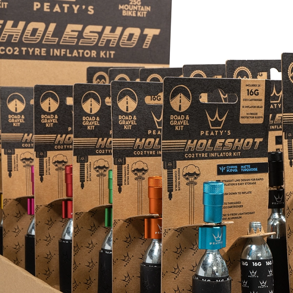 Peaty's Holeshot CO2 Tyre Inflator POS Box - 6x16g/6x25g - Mixed Colours 